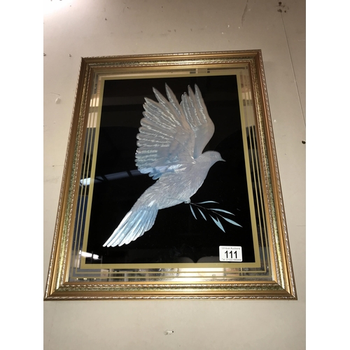 111 - A gilt framed silvered print of a dove. Collect only