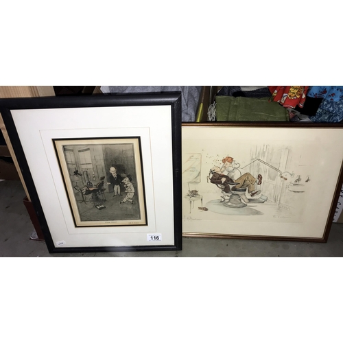 116 - 2 Satirical dentist pictures, 1 watercolour & 1 engraving