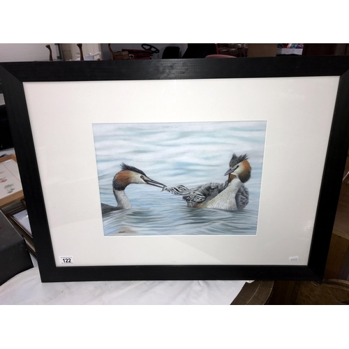 122 - A framed watercolour of birds, (image 40cm x 30cm -= frame 77cm x 57cm) (COLLECT ONLY)