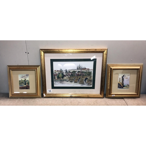 123 - A pair of gilt framed watercolours of Budapest & 1 other