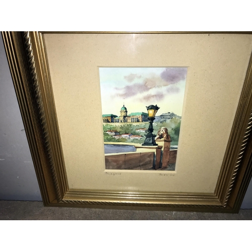 123 - A pair of gilt framed watercolours of Budapest & 1 other