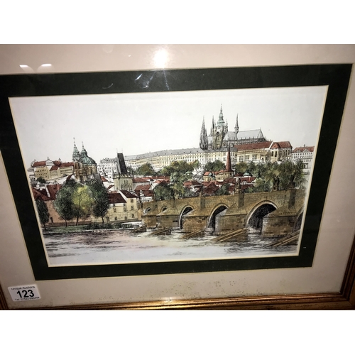 123 - A pair of gilt framed watercolours of Budapest & 1 other