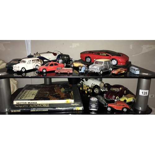 128 - A quantity of die cast model cars & quantity of books mainly on cars (2 shelves)