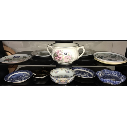 135 - A quantity of antique plates & bowls including Denby blue & white Royal Henley etc, (2 shelves)