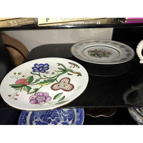 135 - A quantity of antique plates & bowls including Denby blue & white Royal Henley etc, (2 shelves)