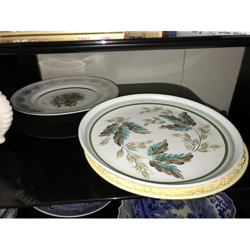 135 - A quantity of antique plates & bowls including Denby blue & white Royal Henley etc, (2 shelves)