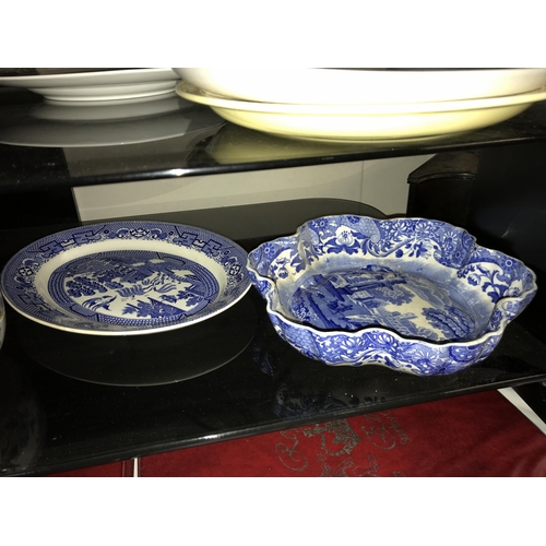 135 - A quantity of antique plates & bowls including Denby blue & white Royal Henley etc, (2 shelves)