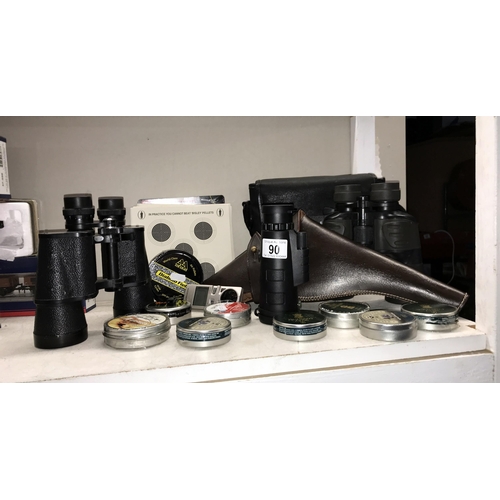 90 - A Yashica 7 x 50 field 71 Binoculars, Chinon RB sports monocular, a leather gun  case tins of air gu... 