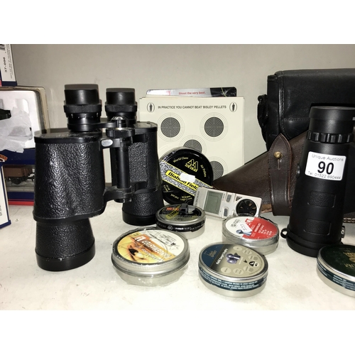 90 - A Yashica 7 x 50 field 71 Binoculars, Chinon RB sports monocular, a leather gun  case tins of air gu... 