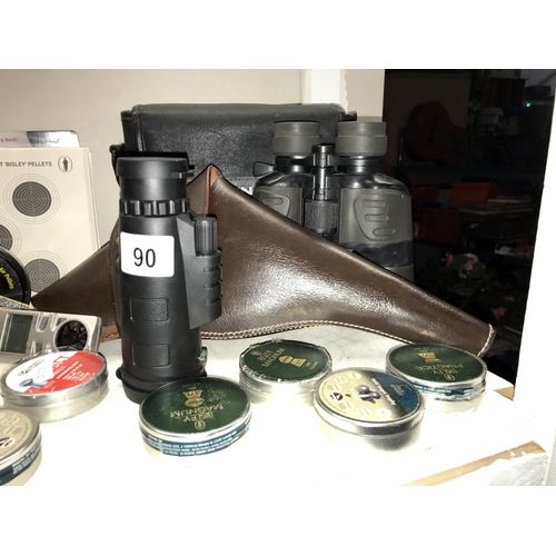 90 - A Yashica 7 x 50 field 71 Binoculars, Chinon RB sports monocular, a leather gun  case tins of air gu... 