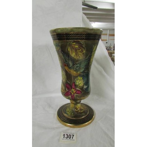 1307 - H Bequet, Quaregnon, made in Belgium.  A Nearly 11 inch tall vase on a wide pedestal.  Gold coloured... 