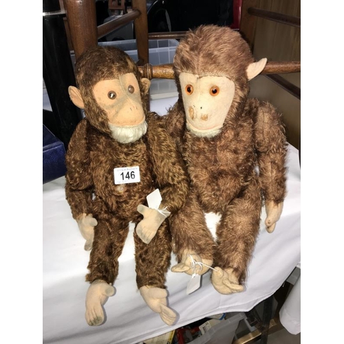 146 - 2 vintage soft toy monkeys, 1 is straw filled