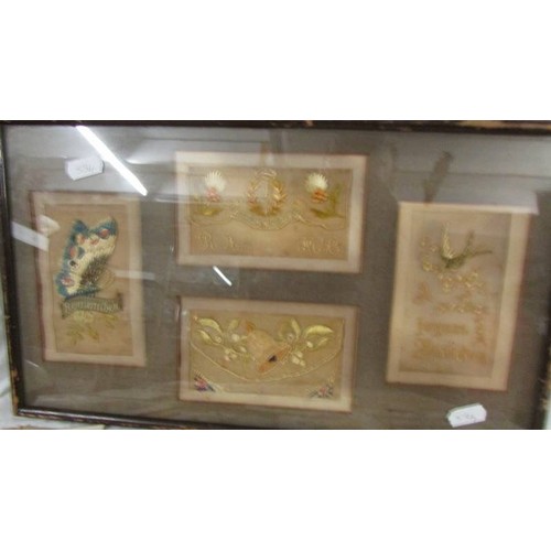 1348 - A mixed lot of WW1 silk greeting cards including 4 framed and glazed.