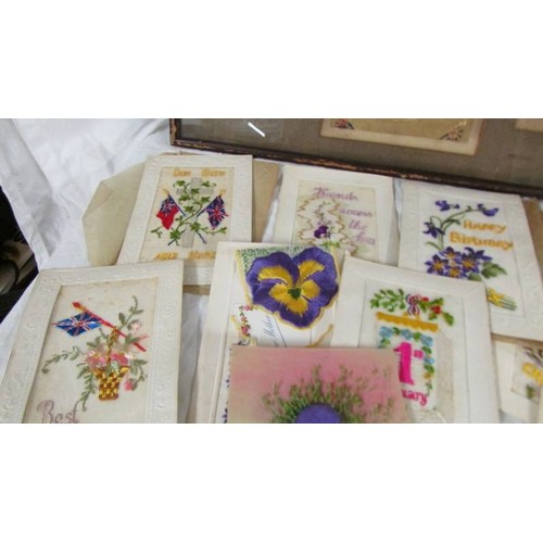 1348 - A mixed lot of WW1 silk greeting cards including 4 framed and glazed.