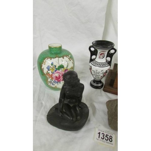 1358 - Two Little Mermaid figures, two vases and a wooden cigarette box.