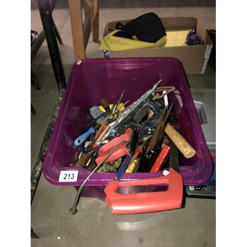 213 - A large box of tools including hacksaws & crwo bar etc.