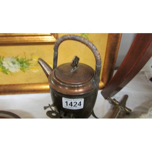 1424 - A 19th-century Gerbruder Bing copper spirit kettle on stand.