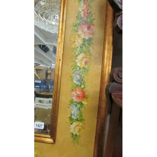 1427 - A large bevel edged mirror in hand painted frame, in good condition. * Collect Only*