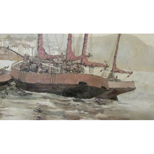 1445 - An oil painting on board of a fishing boat coming in to harbour signed John Smith 1973.