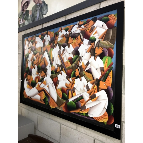 282 - A large framed oil on canvas painting depicting a crowd, signed R Casimir. (160cm x 112cm tall) (COL... 