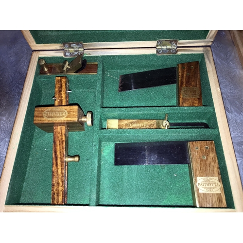 340 - A quantity of Faithfull tools, Wooden case and contents including Plane, Scribe, 2 set squares. (22c... 