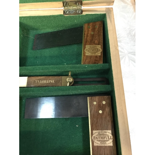 340 - A quantity of Faithfull tools, Wooden case and contents including Plane, Scribe, 2 set squares. (22c... 