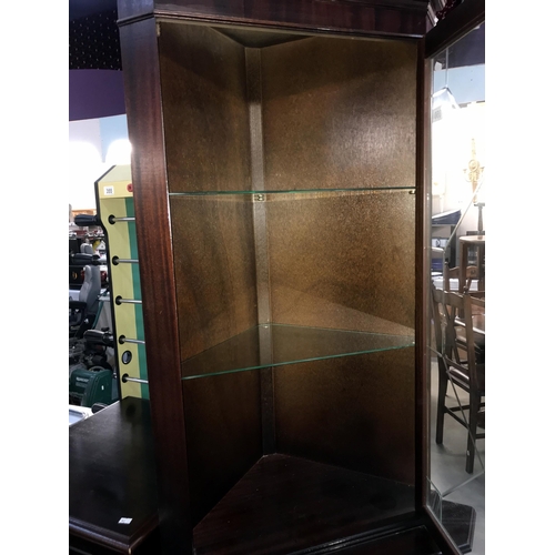 350 - A dark wood stained corner cupboard with cut glass door panel. 70cm x49cm x Height 184cm (COLLECT ON... 