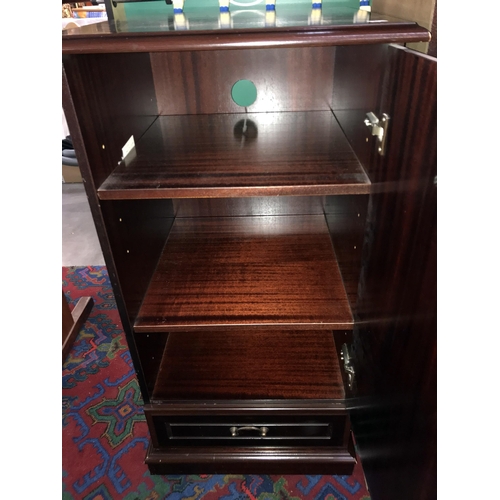 354 - A dark wood stained single door cabinet with shelves and bottom drawer. 47cm x 49cm x height 92cm (C... 