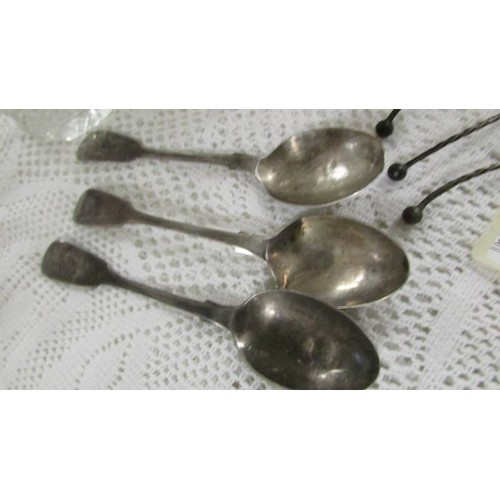 1523 - Three silver topped pots, four silver salts and a quantity of silver spoons.