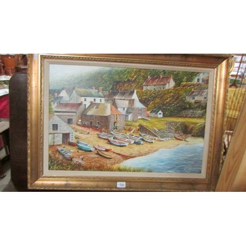 1590 - A Kieth Ward Cornish school large gilt framed coastal scene oil on canvas.