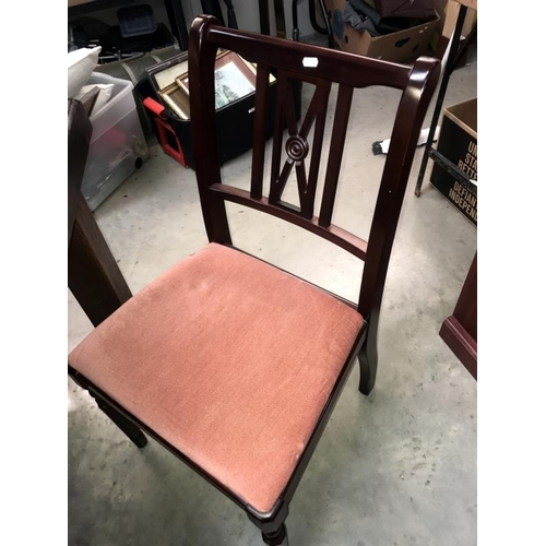 376 - A set of 6 dark wood stained dining chairs with pink velvet seat pads. *Collect Only*