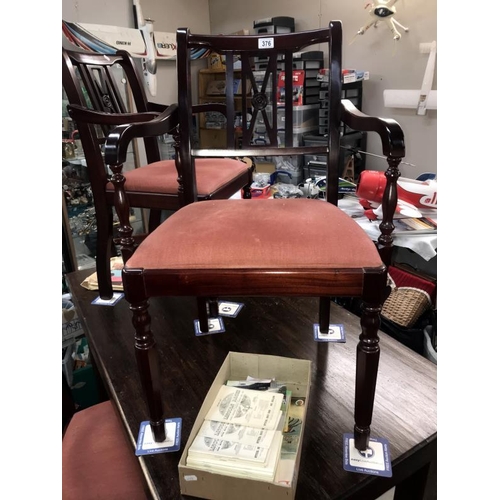 376 - A set of 6 dark wood stained dining chairs with pink velvet seat pads. *Collect Only*