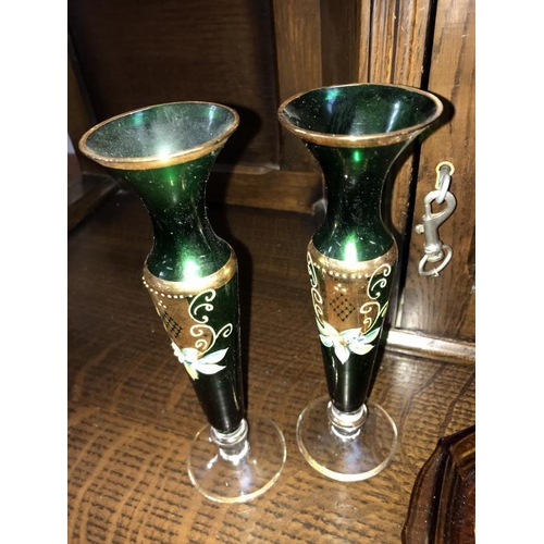 396 - Pair of continental green glass vases with gold decoration and amber glass dressing table set