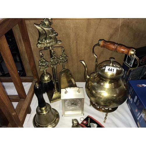 441 - 2 brass ink wells, school bell & other brassware including companion set