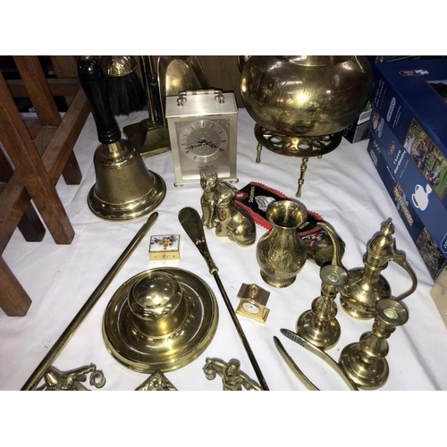 441 - 2 brass ink wells, school bell & other brassware including companion set