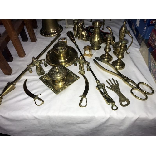 441 - 2 brass ink wells, school bell & other brassware including companion set