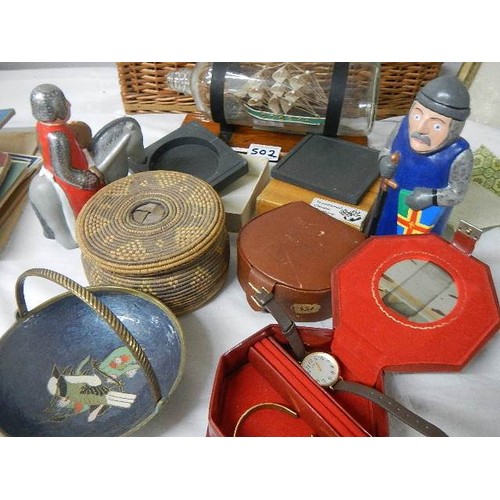 502 - A mixed lot including ship in bottle, trinket boxes etc.,