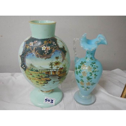 503 - Two Victorian hand painted glass vases.