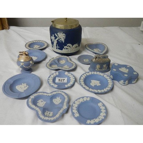 527 - A mixed lot of Wedgwood blue Jasper ware (biscuit barrel a/f).