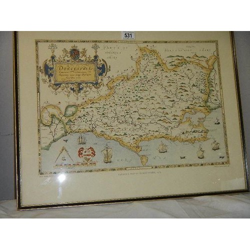 531 - A framed and framed and glazed copy of a Saxton map of Derbyshire, printed in 1961.