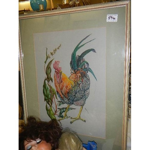 594 - A framed and glazed watercolour of a cockerel.