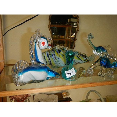 796 - Four pieces of Murano style glass including unicorn.