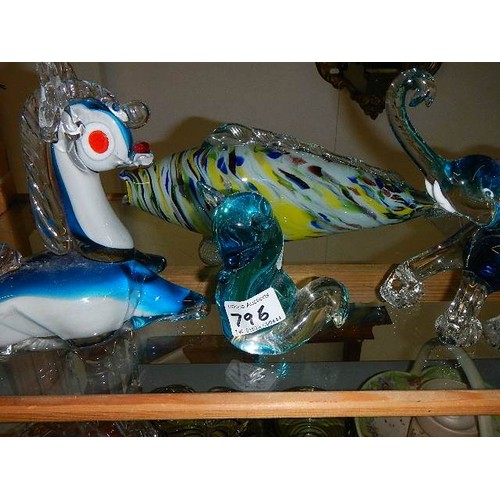 796 - Four pieces of Murano style glass including unicorn.