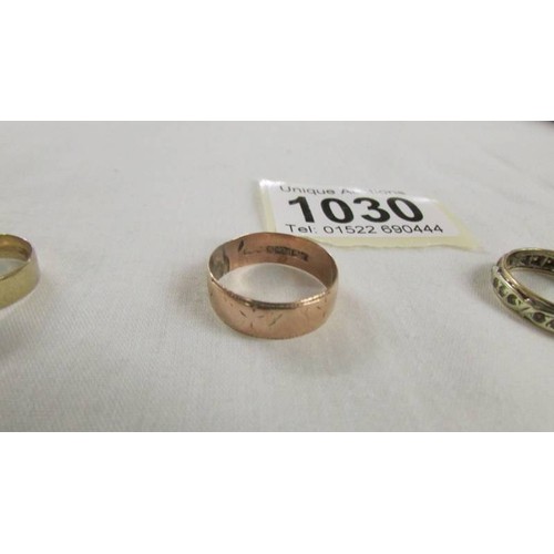 1030 - Two 9ct gold rings, sizes P & Q, 4.9 grams and an eternity ring, size Q.