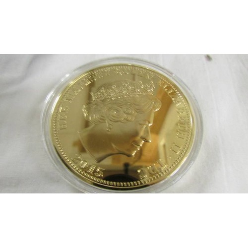 1160 - A Winston Churchill 70th anniversary of VE day commemorative 65mm 24ct gold plated coin.