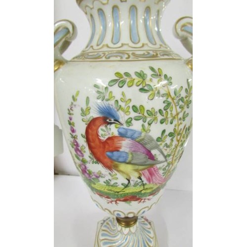 1203 - A lidded hand painted 19th century urn decorated with exotic bird, gold anchor mark to base, 38cm.