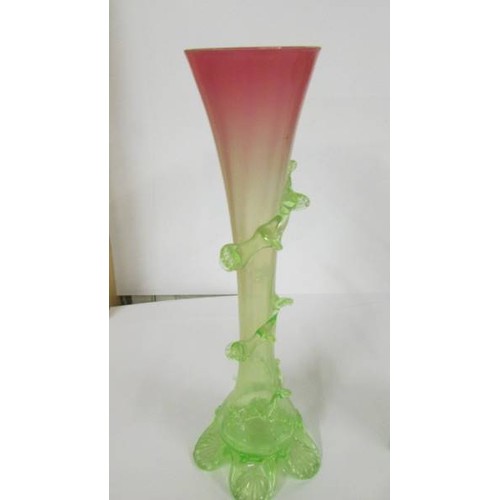 1207 - A pair of 19th century green in to pink glass spill vases (20cm) (one has chip to bottom of fridge).