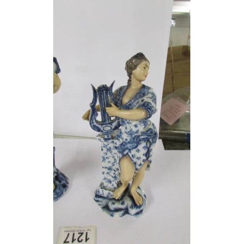 1217 - A pair of 19th century blue and white figural vases, 20cm tall, no damage.