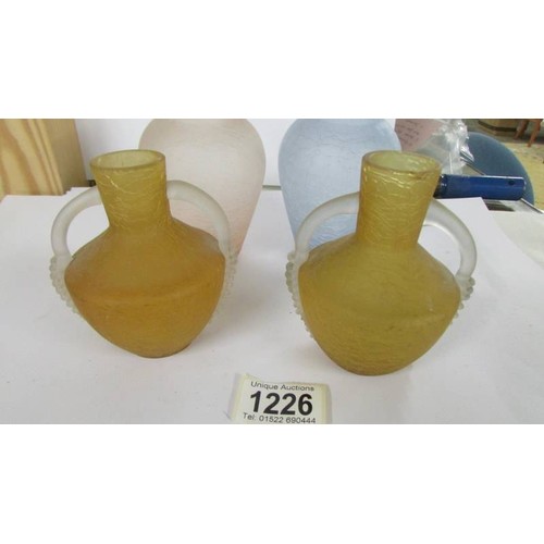 1226 - A pair of yellow crackle glazed posy vases, 10 cm and two others, 13 cm.