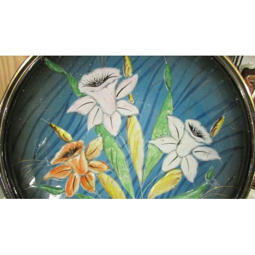 1230 - A hand painted comport marked H Bequet Quaregnom, made in Belgium, 32 cm diameter.